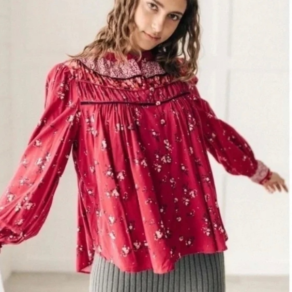 Free people Paloma floral button up peasant blouse Sz L